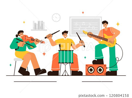 Music School Illustration Featuring Various Musical Instruments, Learning Music Education, and Performing as Musicians and Singers in a Background Music School Illustration Featuring Various Musical Instruments, Learning Music Education, and Performing as Musicians and Singers in a Background 120804158