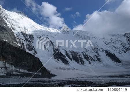 Tranquil Lake With Lush Green Forest, Snow-Capped Mountain, Blue Sky And White Clouds 120804449