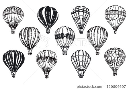 Hot air balloons flying, Hand drawn illustration.	 120804607