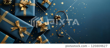 Blue Christmas presents with golden ribbons 120804627