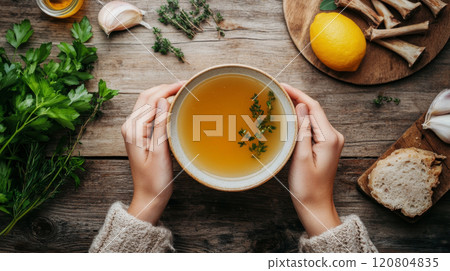 Hands Holding a Warm Bowl of Bone Broth with Herbs Hands Holding a Warm Bowl of Bone Broth with Herbs 120804835