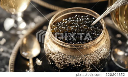Black Caviar and Champagne on Elegant Table Setting 120804852
