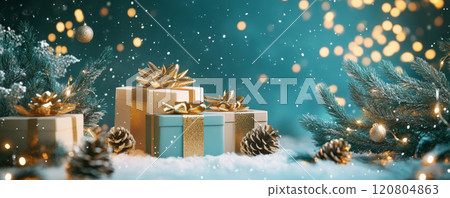 Elegant Christmas gifts with gold ribbons under a festive tree 120804863
