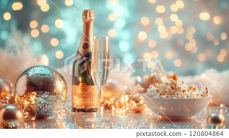 Champagne Glass and Disco Ball with Festive Bokeh Lights 120804864