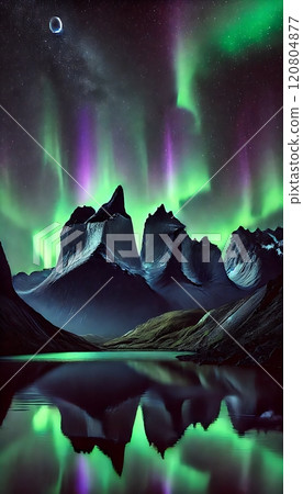 Stunning Northern Lights Over Jagged Mountain Peaks with Reflection 120804877