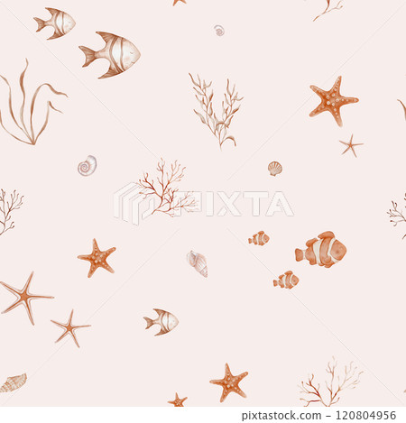 Seamless Pattern with Undersea animals. Hand drawn watercolor illustration with sea starfish and jellyfish. Repeat ornament with seaweed plant and sea shell for textile design or wrapping paper. 120804956