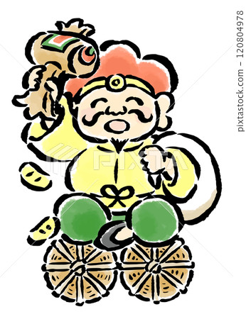 Daikokuten sitting on a rice bale holding a mallet and a bag - hand-drawn illustration 120804978