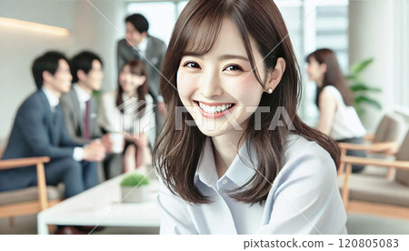A peaceful workplace scene with a smiling young woman in the office 120805083