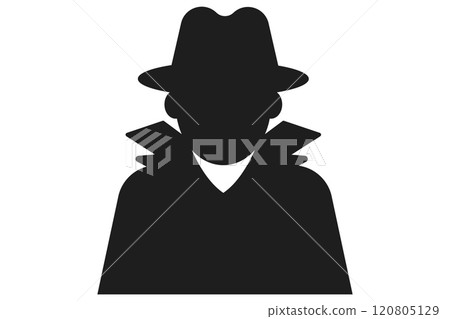 Incognito icon, mystery secret spy or detective silhouette, figure with hat glass or mask. Anonymous invisible character figure.  120805129