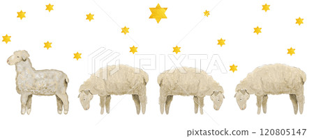 Stylized sheep and stars watercolor seamless border isolated on white background. Hand painted high quality illustration for cards, posters, celebration of true Christmas decor. Cute minimalistic 120805147