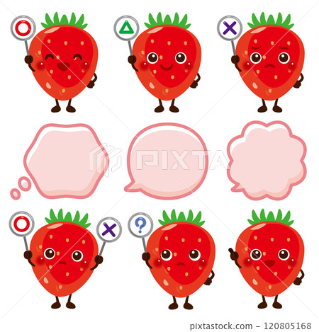 Strawberry character holding a circle, square or triangle card 120805168