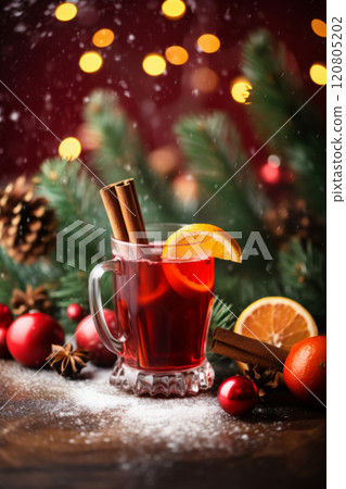 Hot Mulled Wine with Orange Slice in Cozy Holiday Setting 120805202
