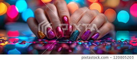 Vibrant Multi-colored Manicure on Artistic Background 120805203