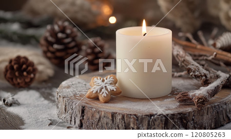 Cozy Christmas Candle with Cookies and Pinecones Cozy Christmas Candle with Cookies and Pinecones 120805263