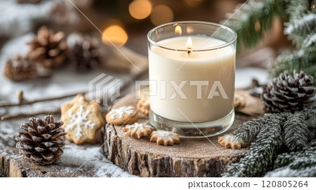 Cozy Christmas Candle with Cookies and Pinecones Cozy Christmas Candle with Cookies and Pinecones 120805264