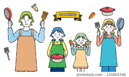 Illustration of a young family wearing aprons cooking 4c 120805386