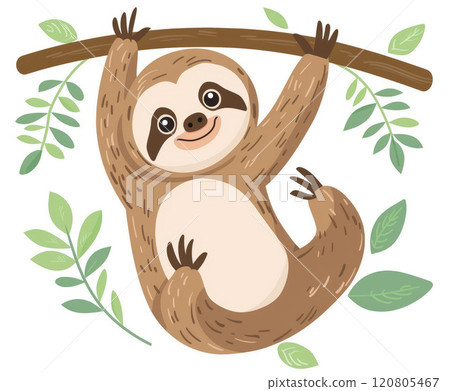 Cute sloth hanging on the branch. Cartoon flat illustration Cute sloth hanging on the branch. Cartoon flat illustration 120805467