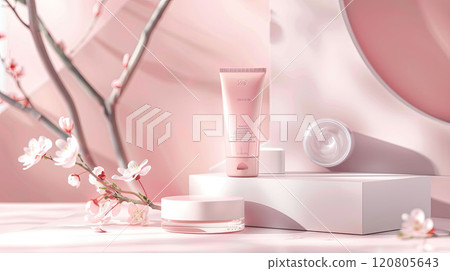 A tube and jar of a cosmetic product on a light pink background with floral decorative elements A tube and jar of a cosmetic product on a light pink background with floral decorative elements 120805643