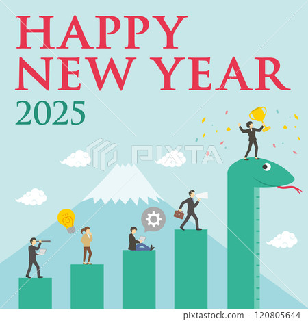 New Year's card of the year 2025 with a snake and a graph with a working person on it_female leader_happy new year_square New Year's card of the year 2025 with a snake and a graph with a working person on it_female leader_happy new year_square 120805644
