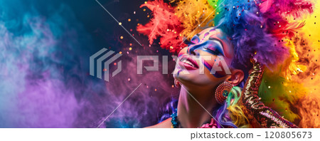 Vibrant Carnival Drag Queen with Colorful Makeup 120805673