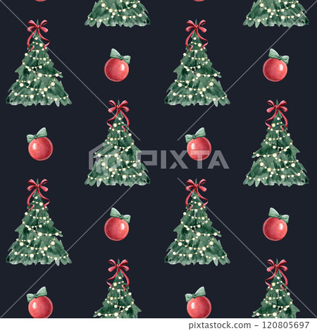 Festive Christmas trees seamless pattern with red bows and garland lights on dark blue. Hanging balls ornaments repeat background for Happy New Year holiday Festive Christmas trees seamless pattern with red bows and garland lights on dark blue. Hanging balls ornaments repeat background for Happy New Year holiday 120805697