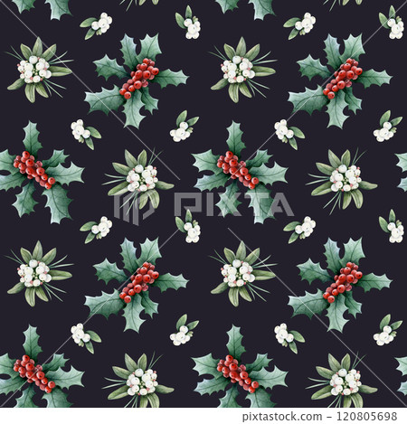 White snowberry and holly red berries twigs watercolor seamless pattern on dark blue. Traditional holiday plants background for Christmas and New Year floral prints White snowberry and holly red berries twigs watercolor seamless pattern on dark blue. Traditional holiday plants background for Christmas and New Year floral prints 120805698