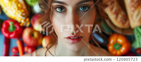 Woman Confused by Healthy and Unhealthy Food Choices 120805723
