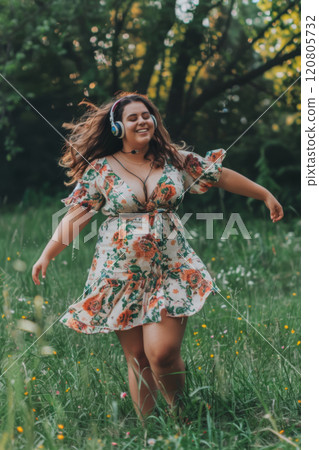 Joyful Woman Dancing Outdoors with Headphones 120805732