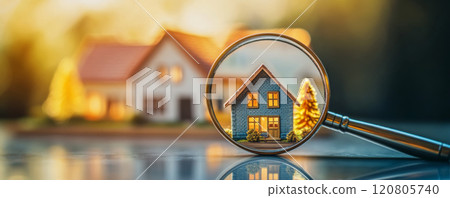 Model house under magnifying glass on desk. 120805740