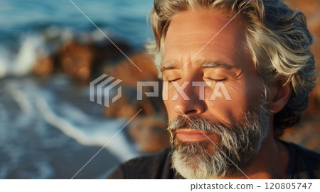 Mature man with closed eyes and gray beard at the beach 120805747
