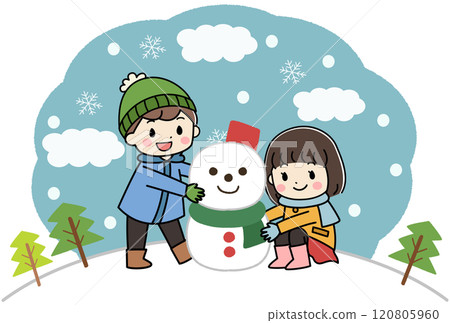 孩子們在雪地裡堆雪人的插畫 孩子們在雪地裡堆雪人的插畫 120805960