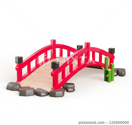 Japanese garden bridge 3d render. Red wooden arch bridge with fencing, railings, stones and bamboo with leaves isolated on white background. Traditional architecture of Japan or China. 3D illustration 120806000