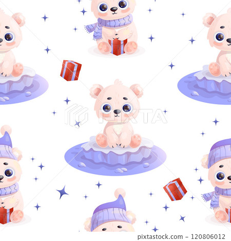 Seamless pattern with little white polar bear on ice floe and with gift on white background. Vector illustration in cartoon style. Kids collection 120806012