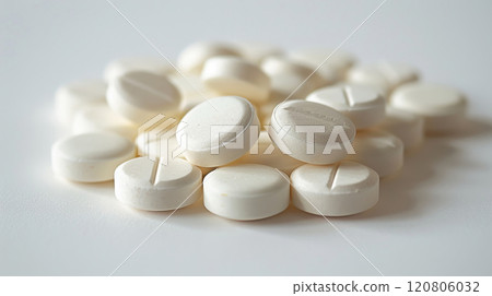 Pile of white round tablets, close-up of medical pills on a clean white background, healthcare and pharmaceutical concept Pile of white round tablets, close-up of medical pills on a clean white background, healthcare and pharmaceutical concept 120806032