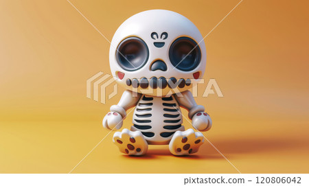 Adorable skeleton toy with big eyes, Halloween-themed decoration for kids, playful and spooky design on vibrant orange background 120806042