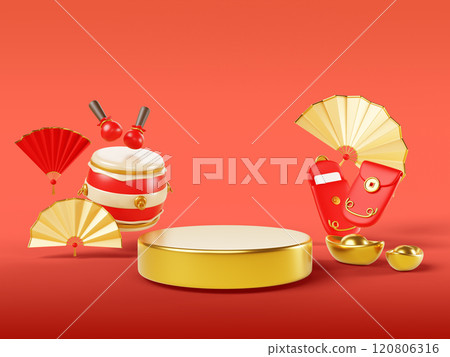 3d Chinese new year banner with gold podium for product presentation render. Asian red background with luxury golden stage, lantern, gift money envelope, ingot, dance fan, music drum. 3D illustration 120806316