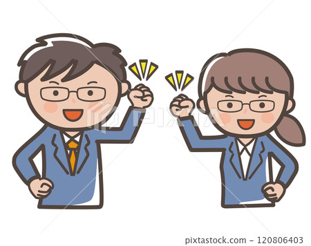 一個戴眼鏡的男人和一個戴眼鏡的女人的插圖,以勇敢的姿勢表現出巨大的動力 一個戴眼鏡的男人和一個戴眼鏡的女人的插圖,以勇敢的姿勢表現出巨大的動力 120806403