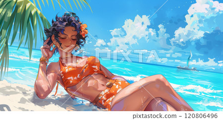 Stylish anime summer girl, vibrant beach vibe, tropical seaside look 120806496