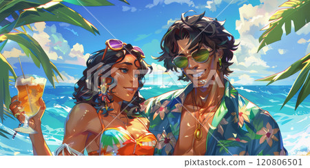 Stylish couple enjoying tropical summer vacation with drinks by the beach 120806501