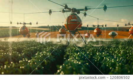 Advanced agricultural drones irrigating crops in a futuristic farm setting 120806502