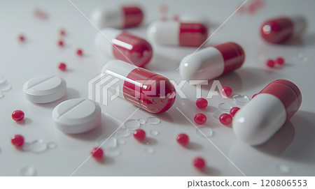 Red and white capsules with tablets and microbeads on a reflective surface, detailed pharmaceutical composition for healthcare and medication concept Red and white capsules with tablets and microbeads on a reflective surface, detailed pharmaceutical composition for healthcare and medication concept 120806553