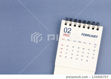 February 2025 Mini monthly desk calendar for 2025 year on blue color background. 120806707