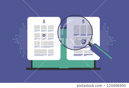 AI-Powered AB Testing for Marketing Campaigns. Automatically test multiple versions of ads or landing pages with AI to find most effective. A B test metrics being analyzed by AI, vector Illustration 120806800