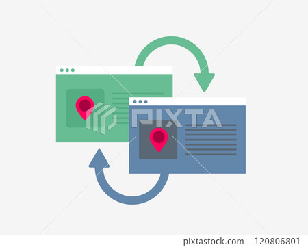 Local SEO backlinks illustration with link-building strategies, website connections, geolocation markers and optimized local content. Focus on improving search rankings and boosting online visibility 120806801