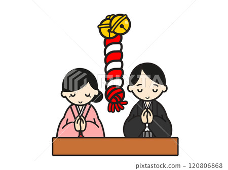 Men and women in kimonos visiting a shrine 120806868