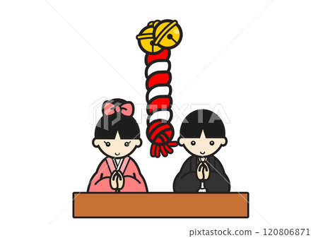 Boy and girl in kimono visiting a shrine 2 120806871
