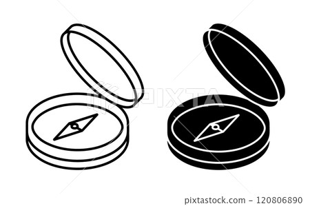 Linear icon, compass with arrow and scale. Travel, device for determining location and direction of tourist. Simple black and white vector isolated on white background Linear icon, compass with arrow and scale. Travel, device for determining location and direction of tourist. Simple black and white vector isolated on white background 120806890