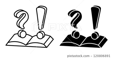 Linear icon, open book with question and exclamation marks. Simple black and white vector isolated on white background 120806891