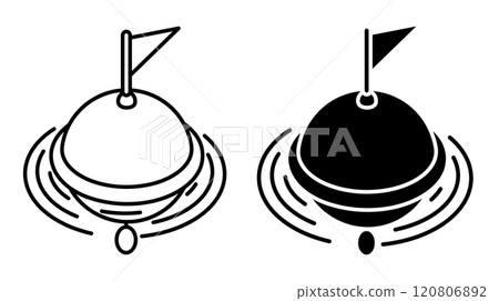 Linear icon, restrictive sea buoy on waves. Regulation and safety of shipping in ocean. Simple black and white vector isolated on white background Linear icon, restrictive sea buoy on waves. Regulation and safety of shipping in ocean. Simple black and white vector isolated on white background 120806892
