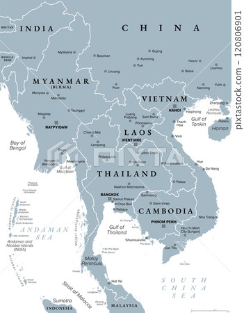 Mainland Southeast Asia, northern part of formerly known Indochina, gray political map. The countries Thailand, Vietnam, Myanmar, Laos, and Cambodia, with borders, their capitals and largest cities. 120806901
